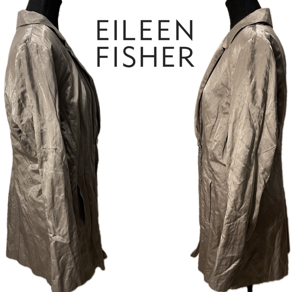 Eileen Fisher Satin Metallic Crinkle Blazer Notch 1 Button Champagne Jacket Sz L - Picture 5 of 11
